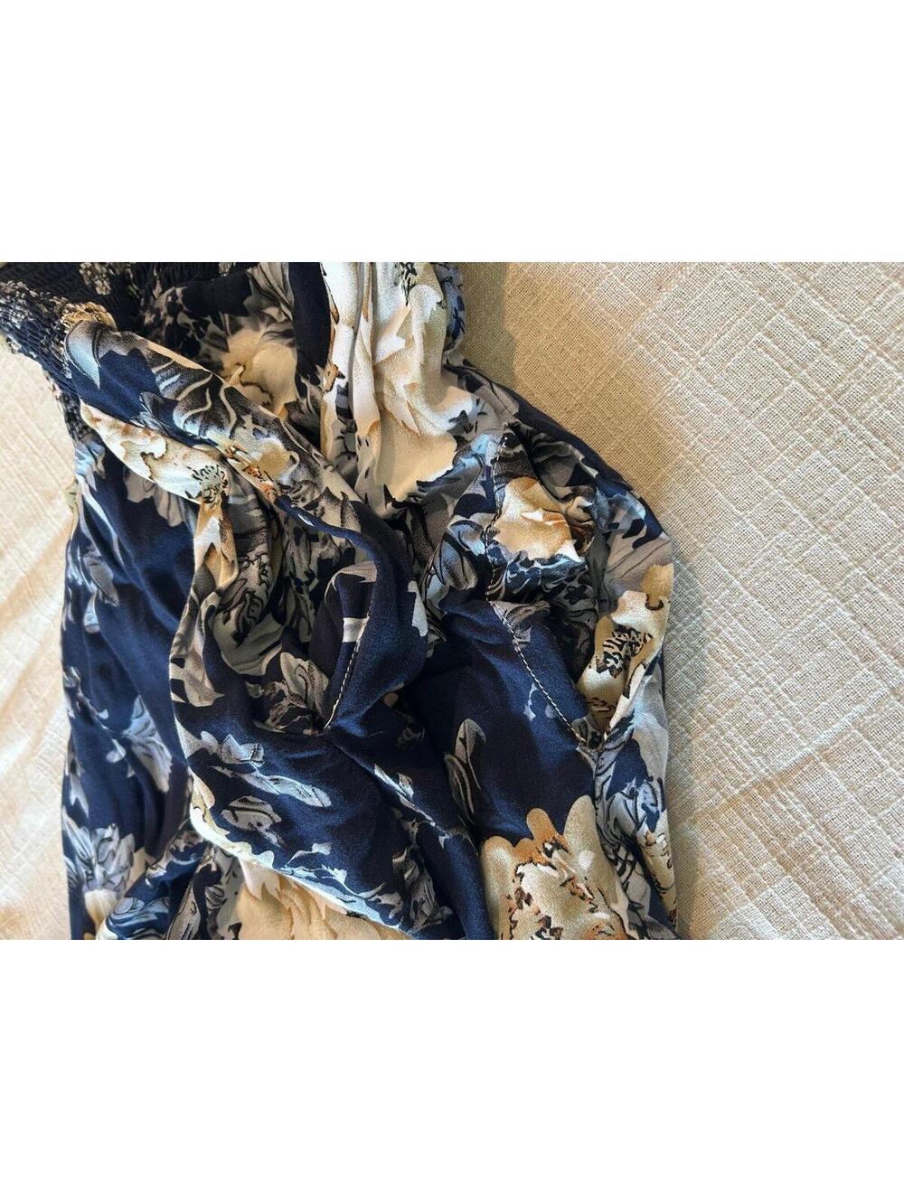 NERLEROLIAN Navy Floral Midi Dress XL Boho Smocked Waist Flutter Sleeve - Picture 9 of 9